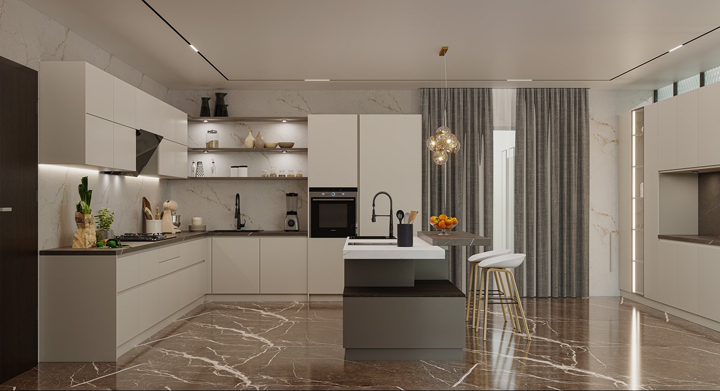 Modular kitchen design with premium cabinetry and open shelving