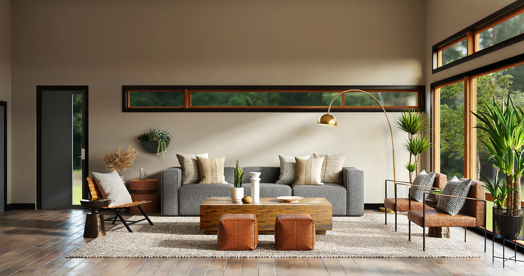 Light-filled living room with leather poufs